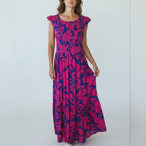 Abel The Label Pink Blue Floral Maxi Dress Smocked Bodice Tiered Boho Size S